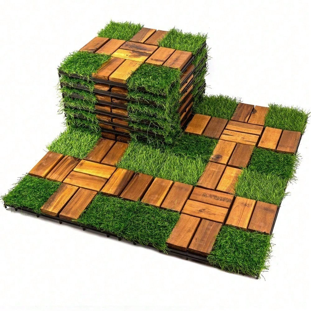 10 Pack Interlocking Deck Tiles Acacia Wood Artificial Grass Patio 12″x12″