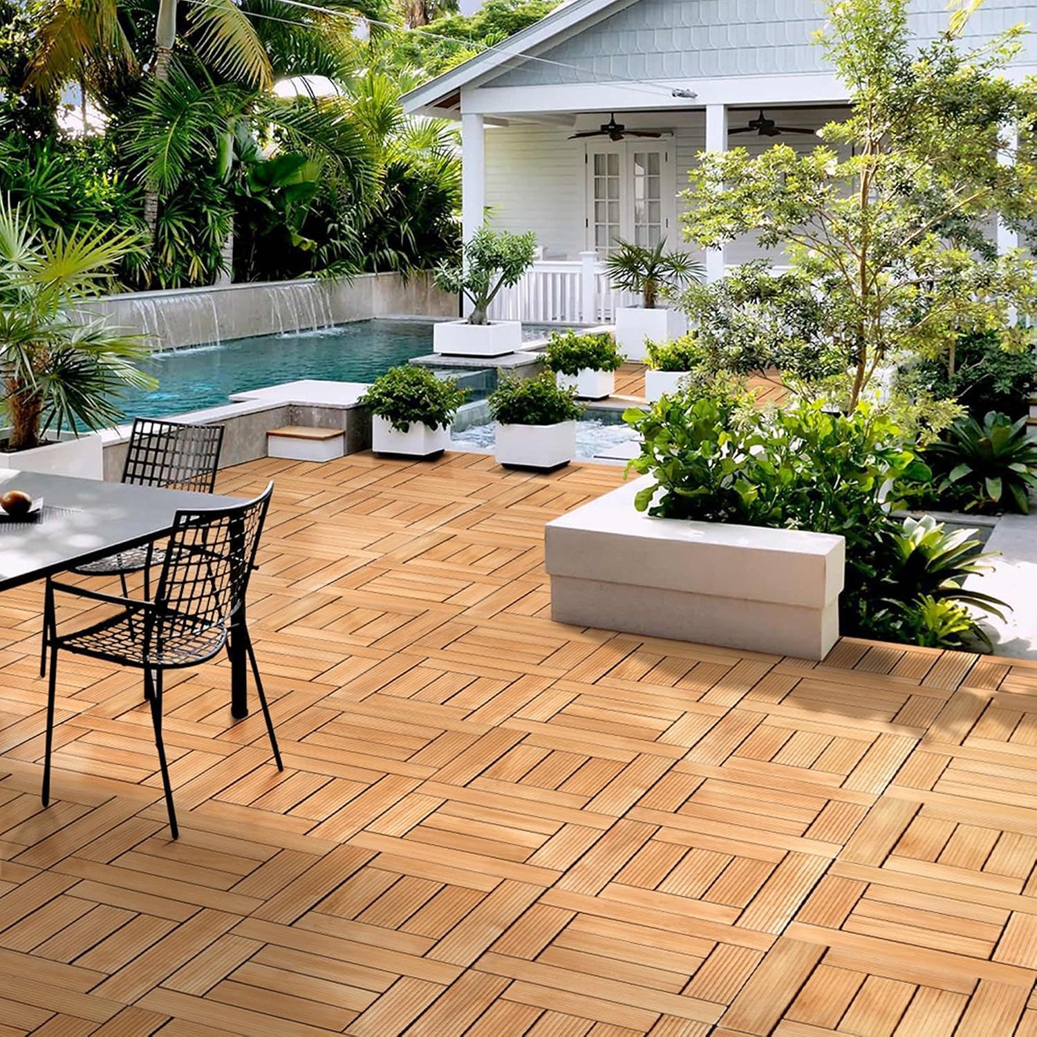 27PCS Natural Wood Deck Tiles Interlocking Patio Deck Tiles Solid Wood & Plastic