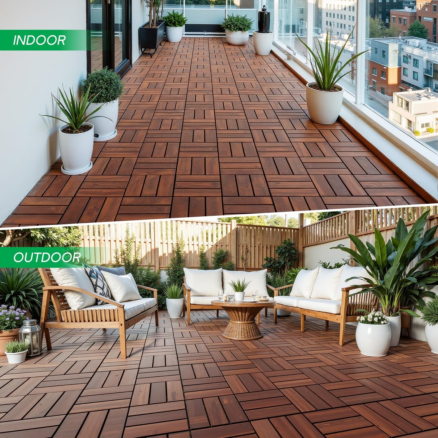 Acacia Wood Patio Tiles – Red Brown Checkered Pattern