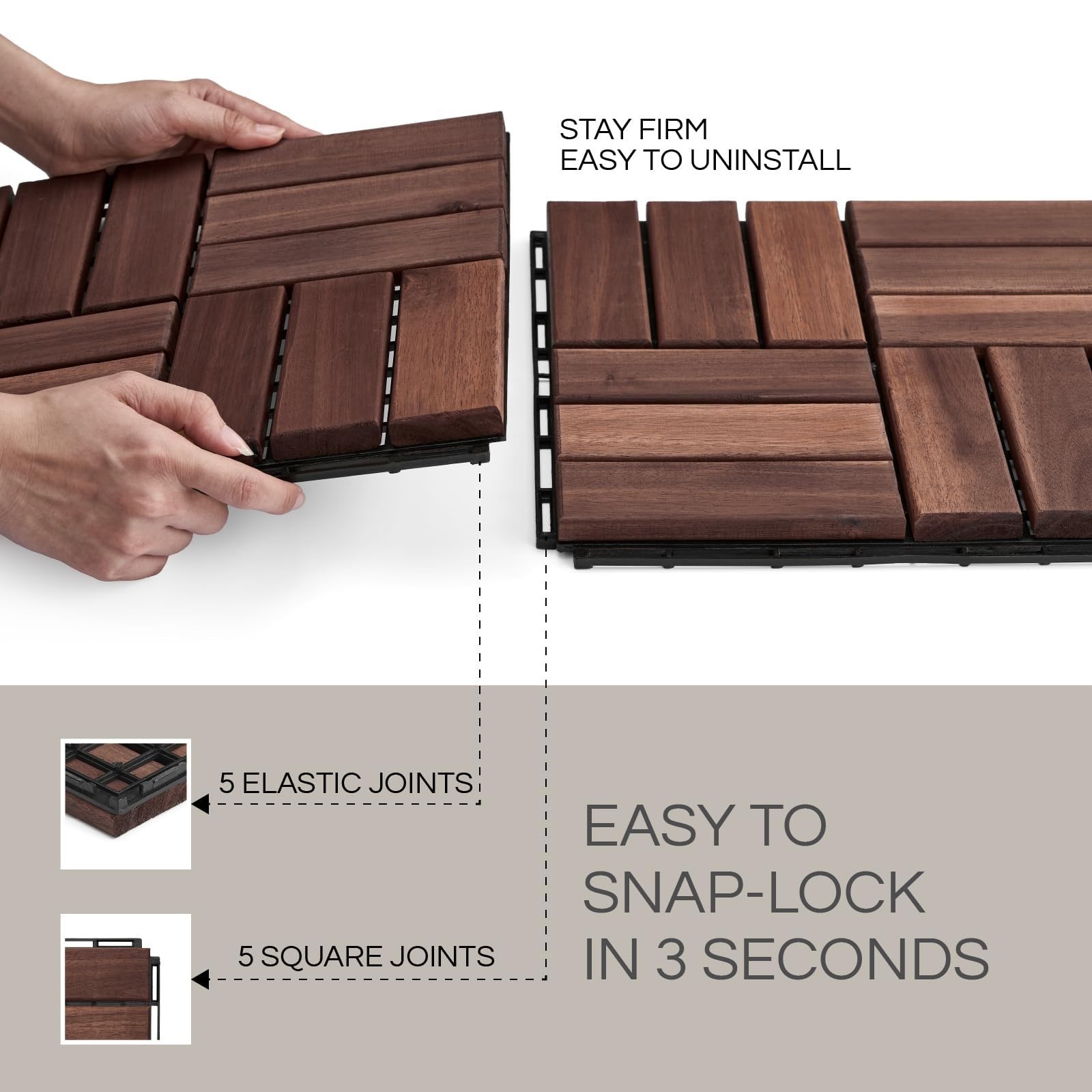 Interlocking Deck Tiles – 10 Pcs 12″x12″ Waterproof Acacia Wood for Patio, Balco