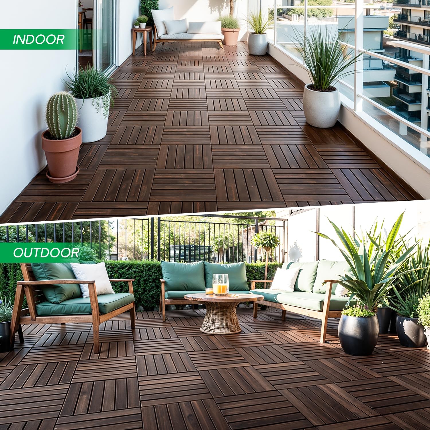 Pack of 10 Deck Tiles – Waterproof Acacia Wood for Outdoor Flooring, Interlockin