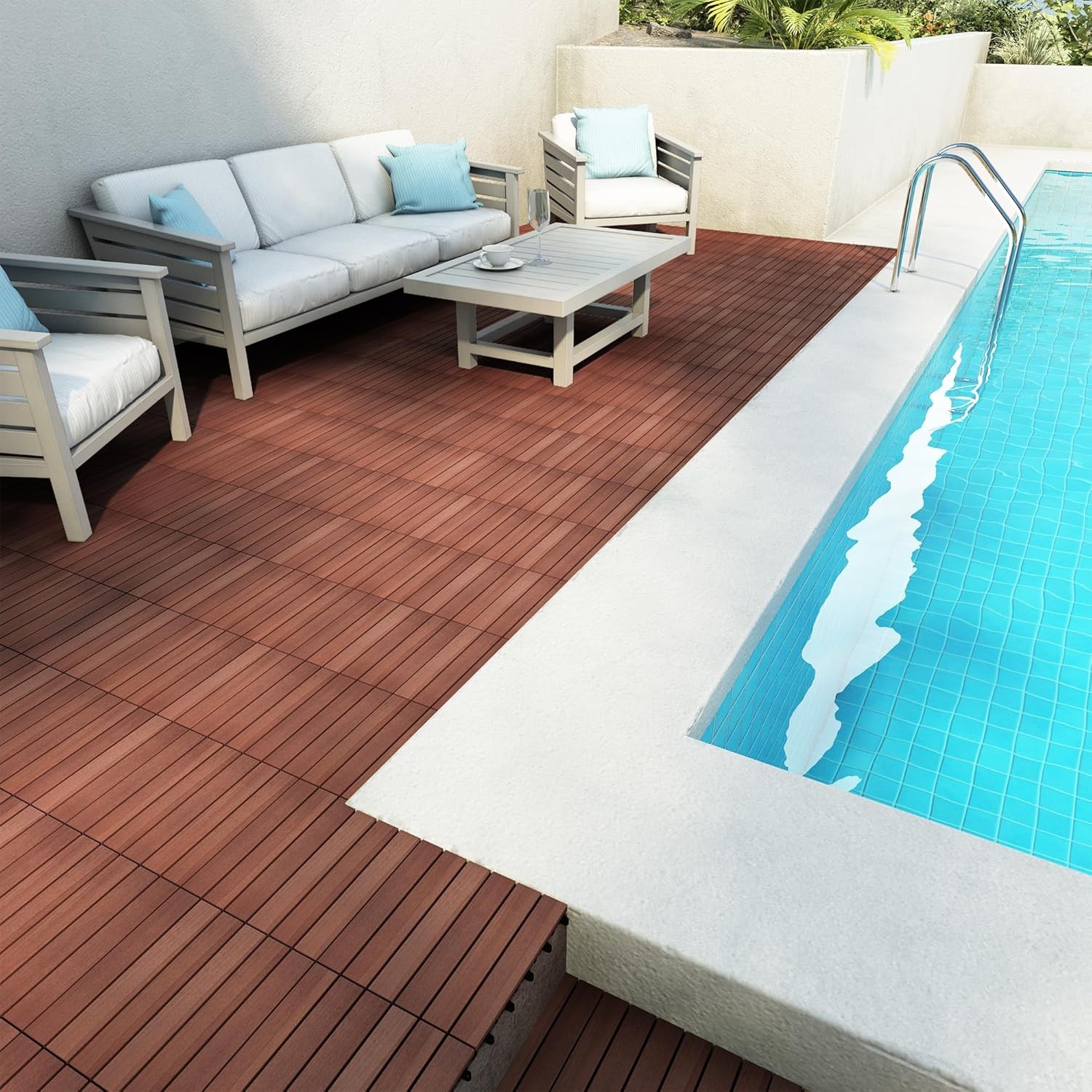 27 PCS Solid Acacia Wood Interlocking Deck Tiles 12″ x 12″ Waterproof Indoor