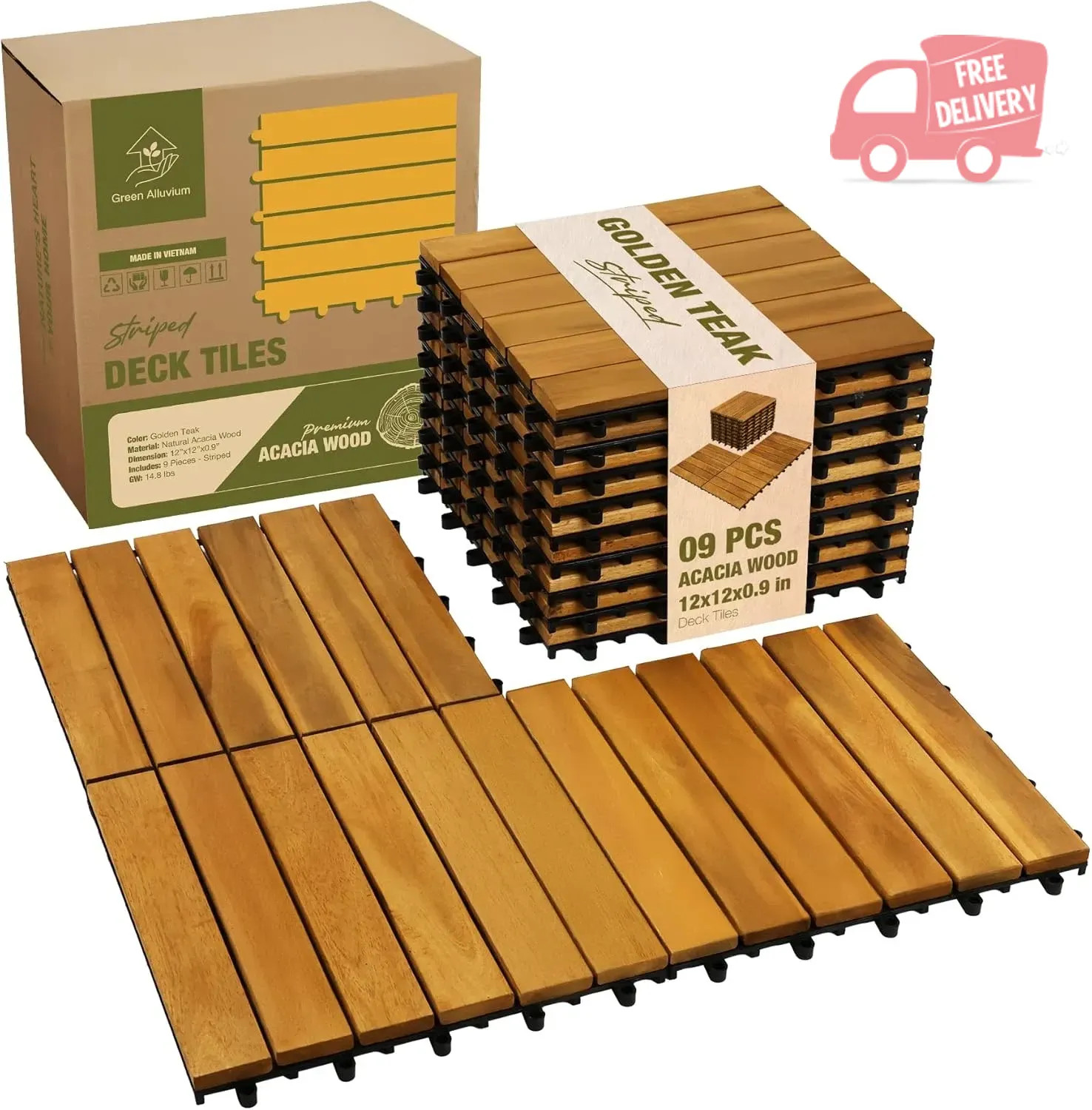 Premium Acacia Wood Interlocking Deck Tiles, 9 PCS 12″X12″X0.9″ Floor Tiles, Wat