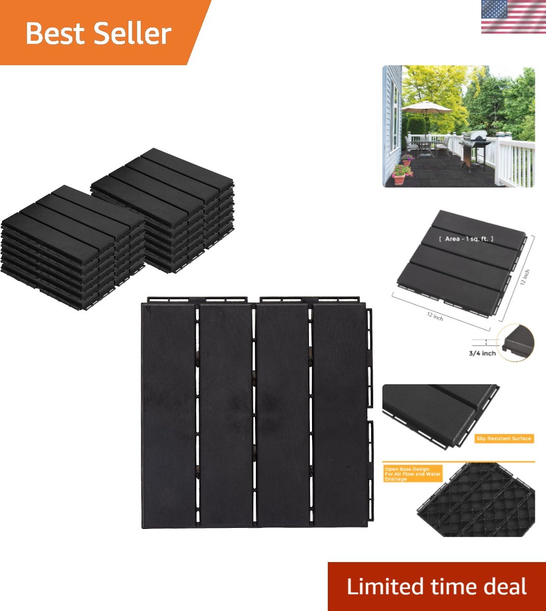 Gray 12″ x 12″ Interlocking Deck Anti-Slip Tiles – Perfect for Patios & Garden