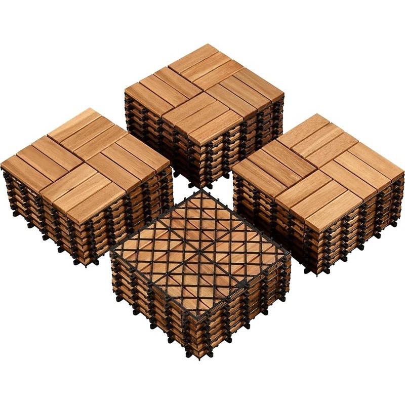 Acacia Interlocking Deck Tiles Non-Slip Outdoor Flooring Easy Installation New