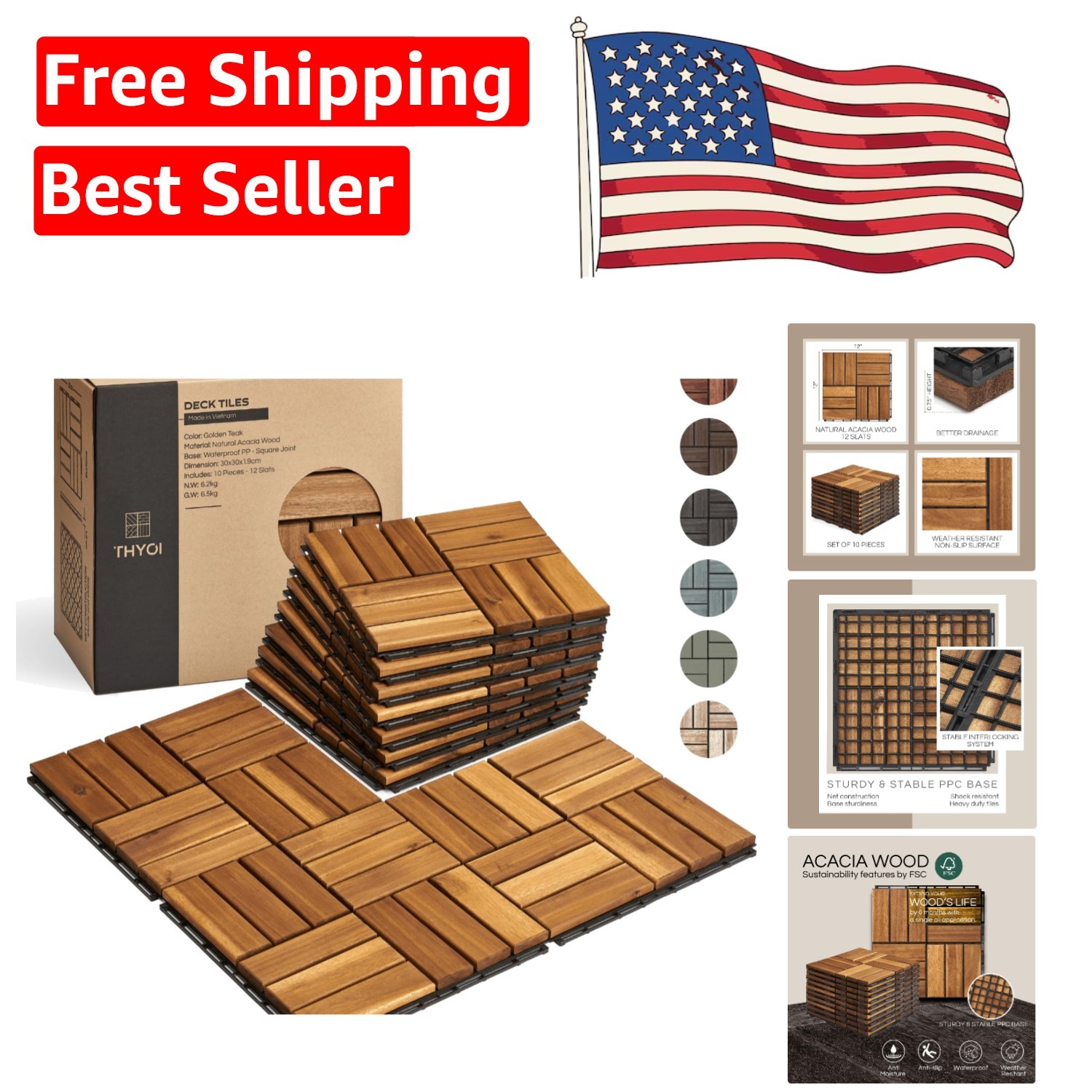 Golden Teak Acacia Deck Tiles – Set of 10 Non-Slip Interlocking Design
