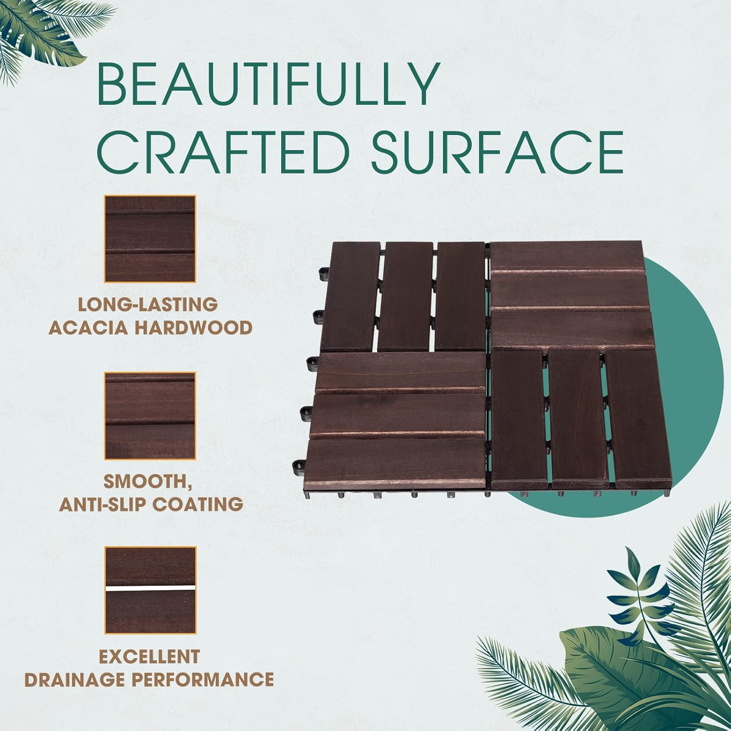 Interlocking Deck Tiles – 10PCS Waterproof Acacia Wood Patio Tiles, Flooring Til