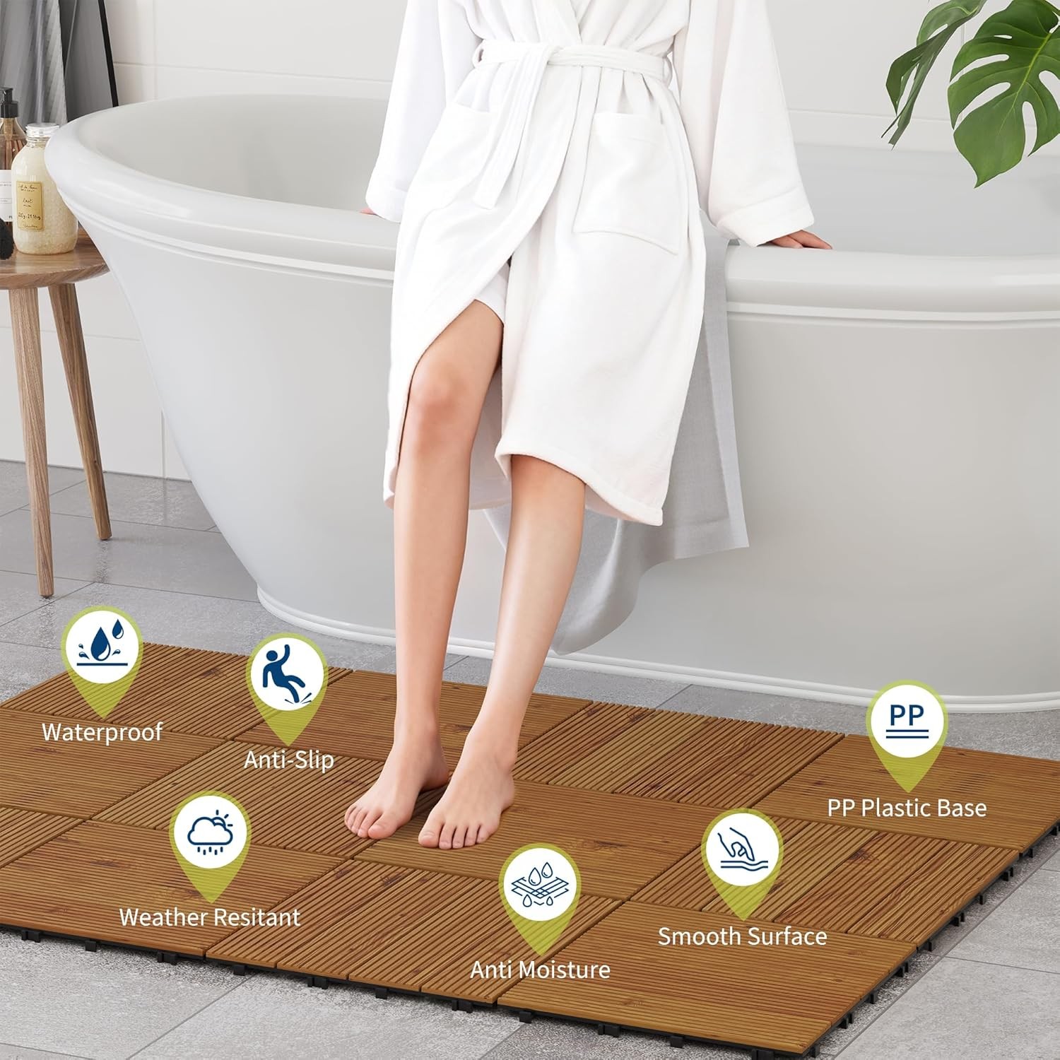 22 PCS 11.81″x11.81″ Acacia Wood Deck Tiles Interlocking Floor Tiles Waterproof