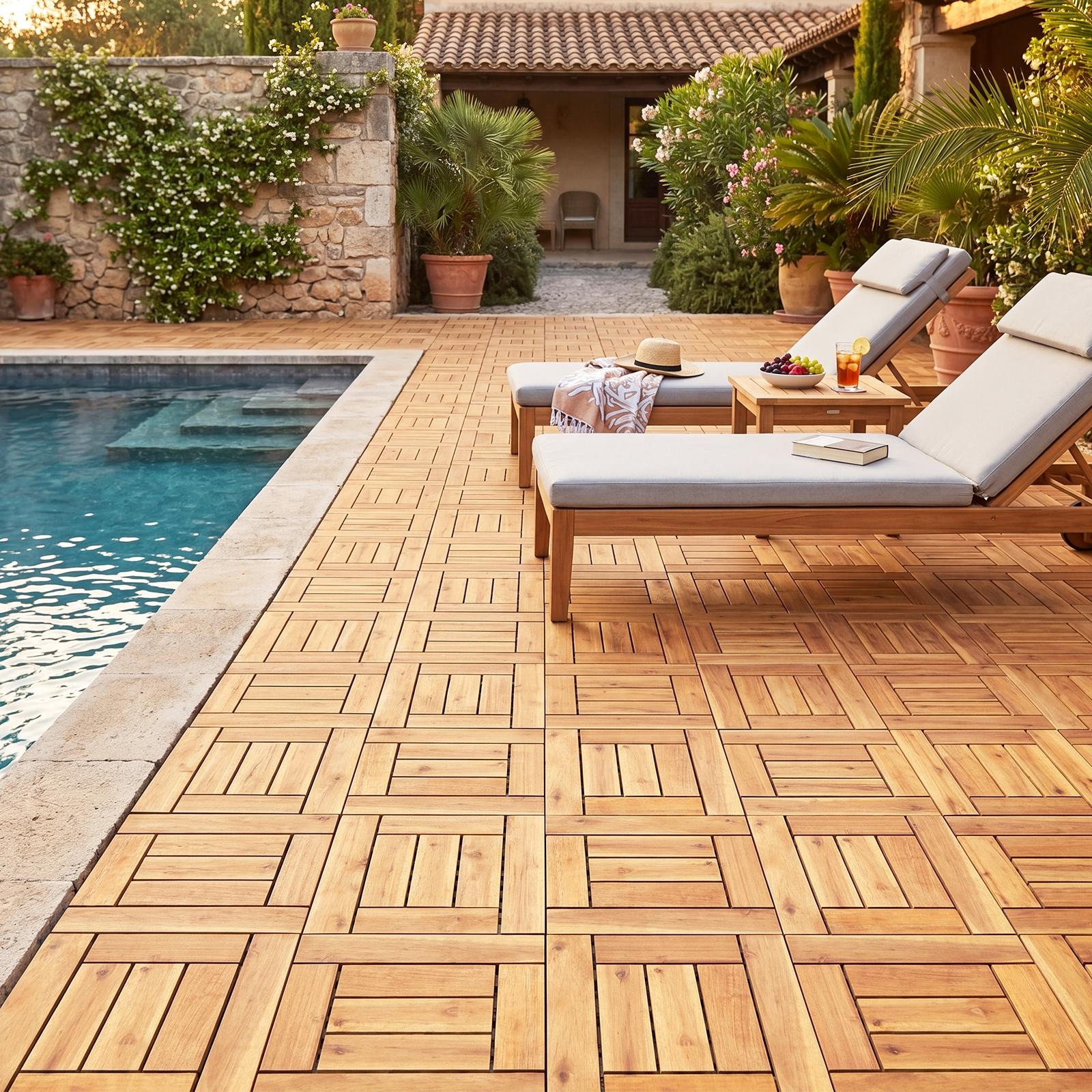 12″ x 12″ Acacia Wood Interlocking Deck Tiles 27 PCS Waterproof Flooring Tiles