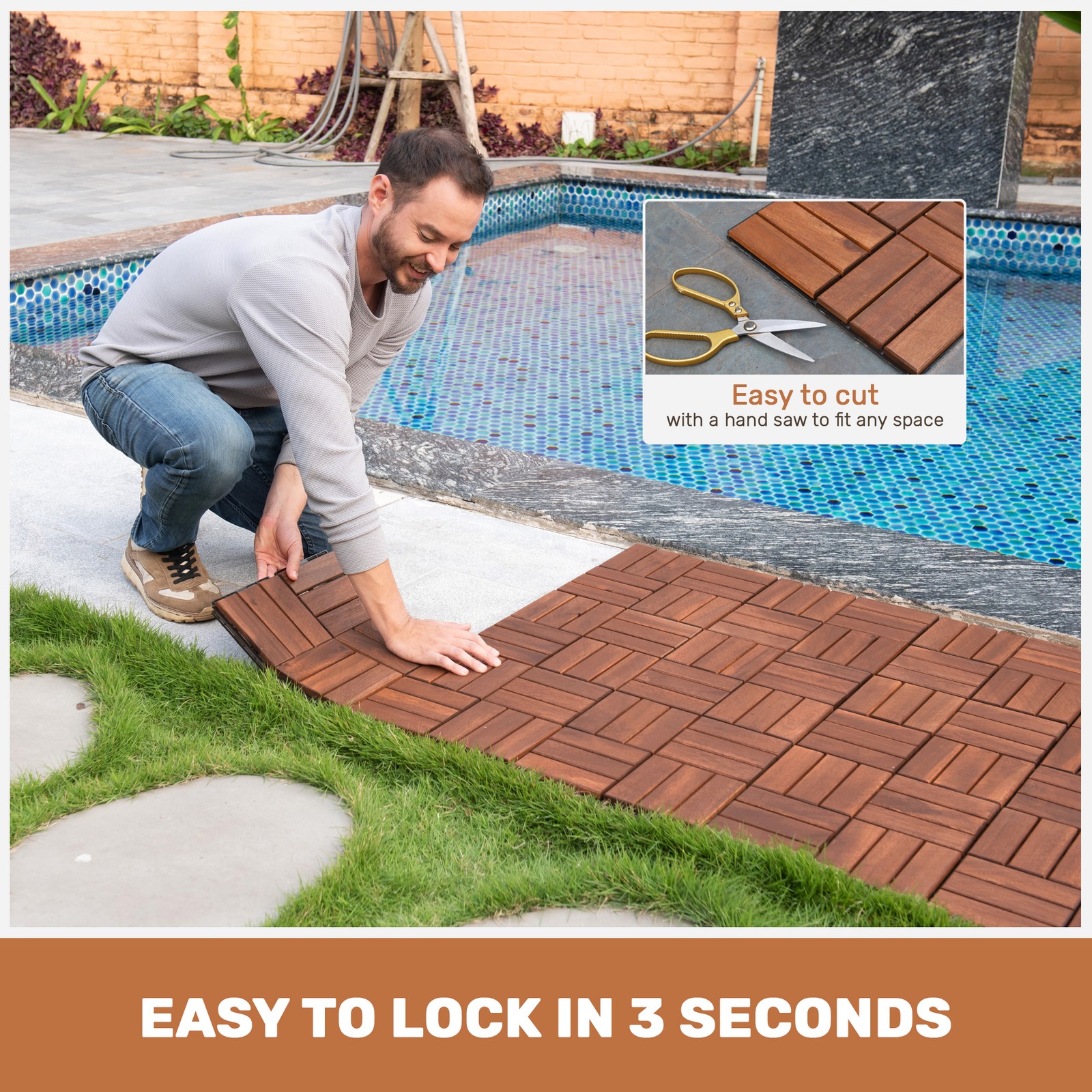 Deck Tiles Checker Pattern, 3x 12″x 12″ Square Acacia Hardwood Outdoor Flooring