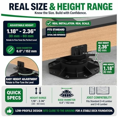 24-Pack Adjustable Deck Support Pedestals, 1.18″–2.36″ (30–60 Mm), for 2×4 & 2×6