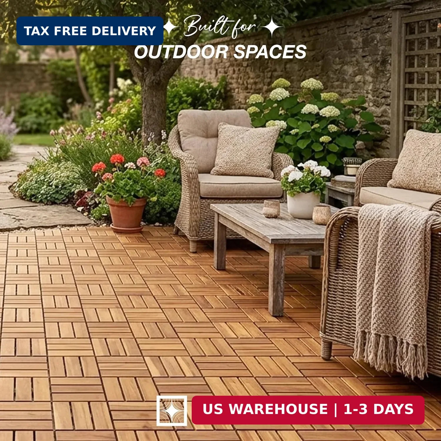 Acacia Wood Interlocking Patio Deck Tiles, 12 x 12 x 0.9 Inch Outdoor Flooring,