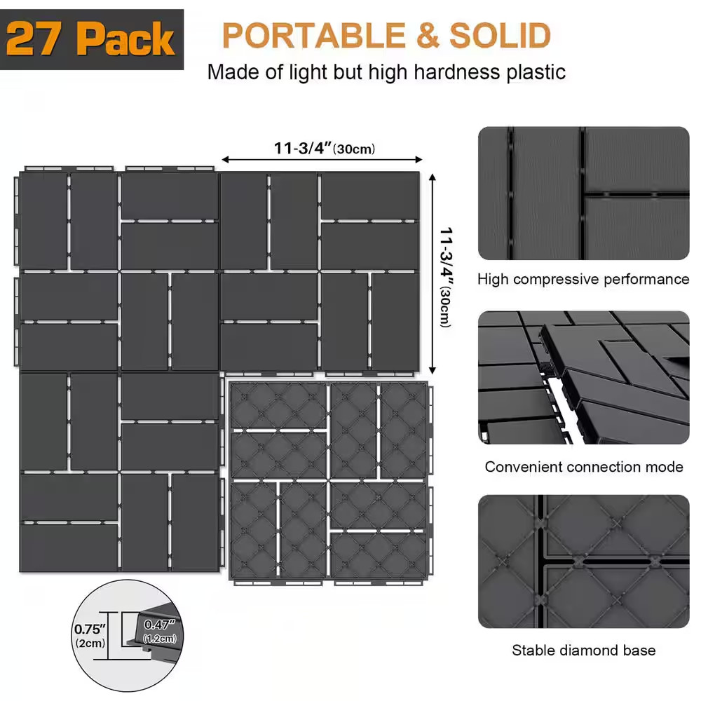 Dark Grey Plastic [12″X12″] X [0. 75In] Deck Tiles, 9 Tiles/Case (9 Sq. Ft. )