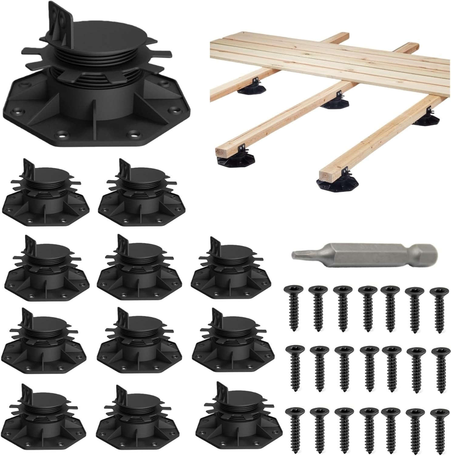Complete Decking Solution – 12 Adjustable Pedestals with Screws & Tools Included