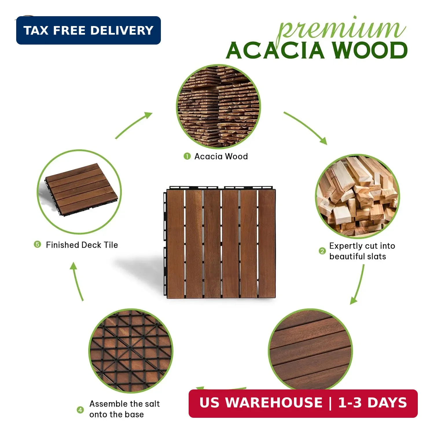 Natural Acacia 12×12 Interlocking Wood Deck Tiles for Balcony, Garden, Patio, Po
