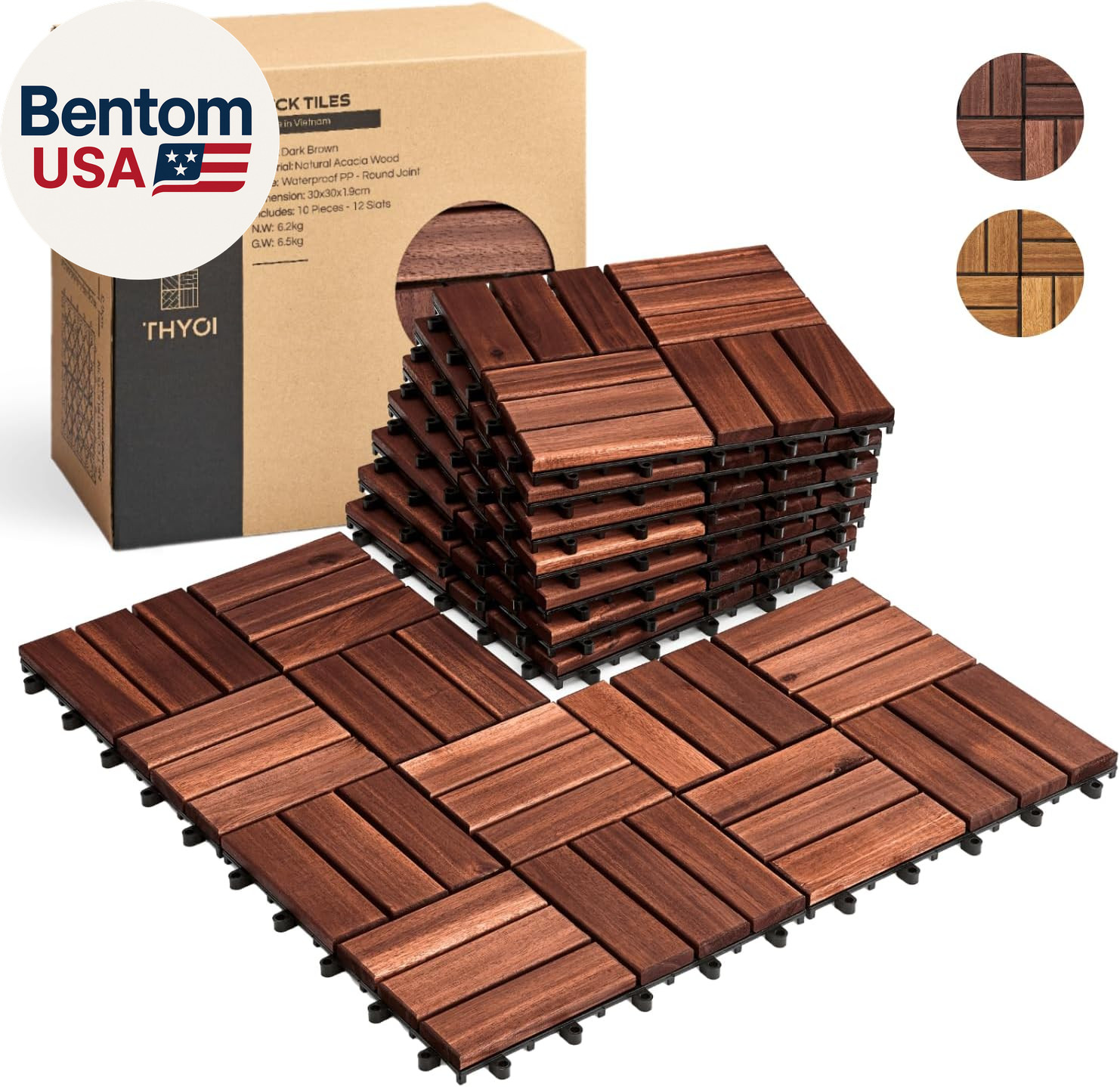 10 Pcs Premium Acacia Wood Interlocking Deck Tiles (12″ X 12″), Deck Flooring Ou