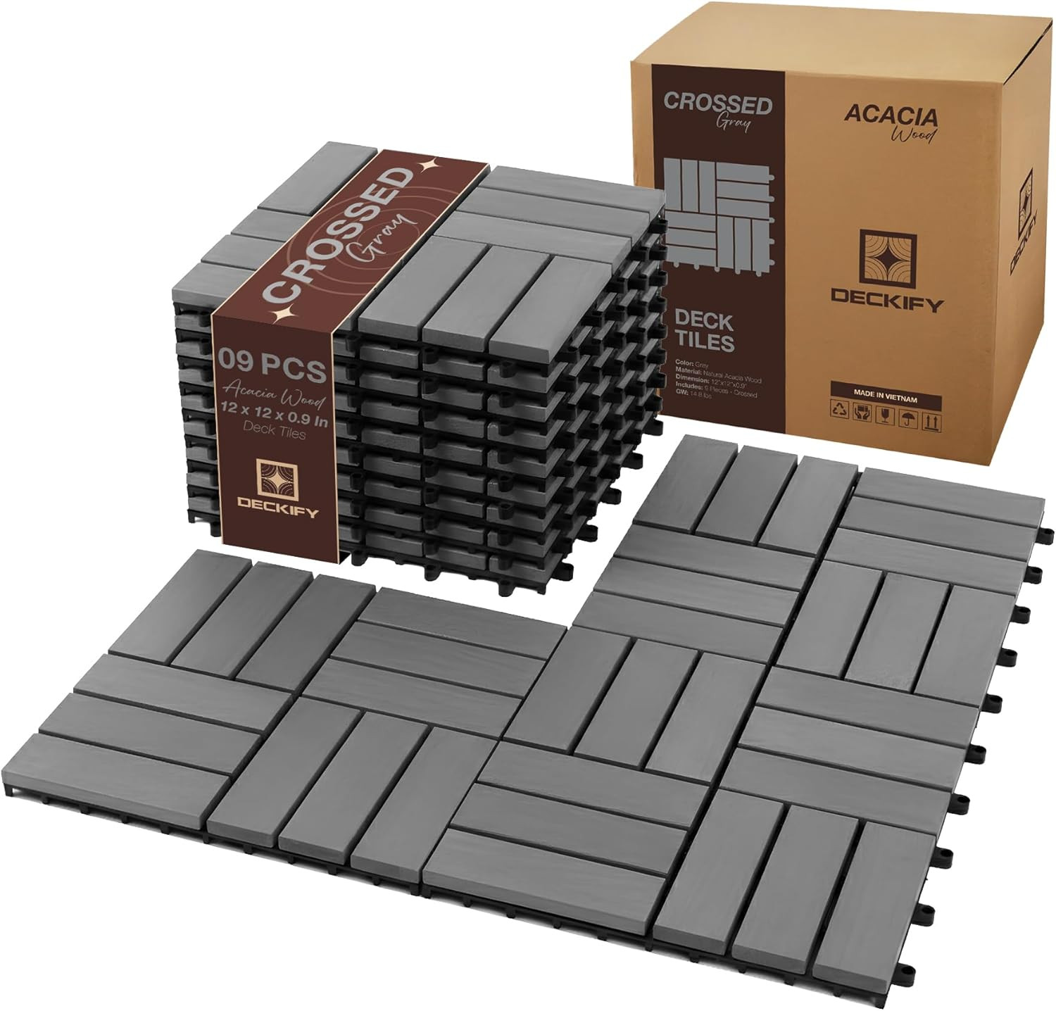 9Pcs Acacia Wood Interlocking Patio Deck Tiles, 12 X 12 X 0.9 Inch Outdoor Floor
