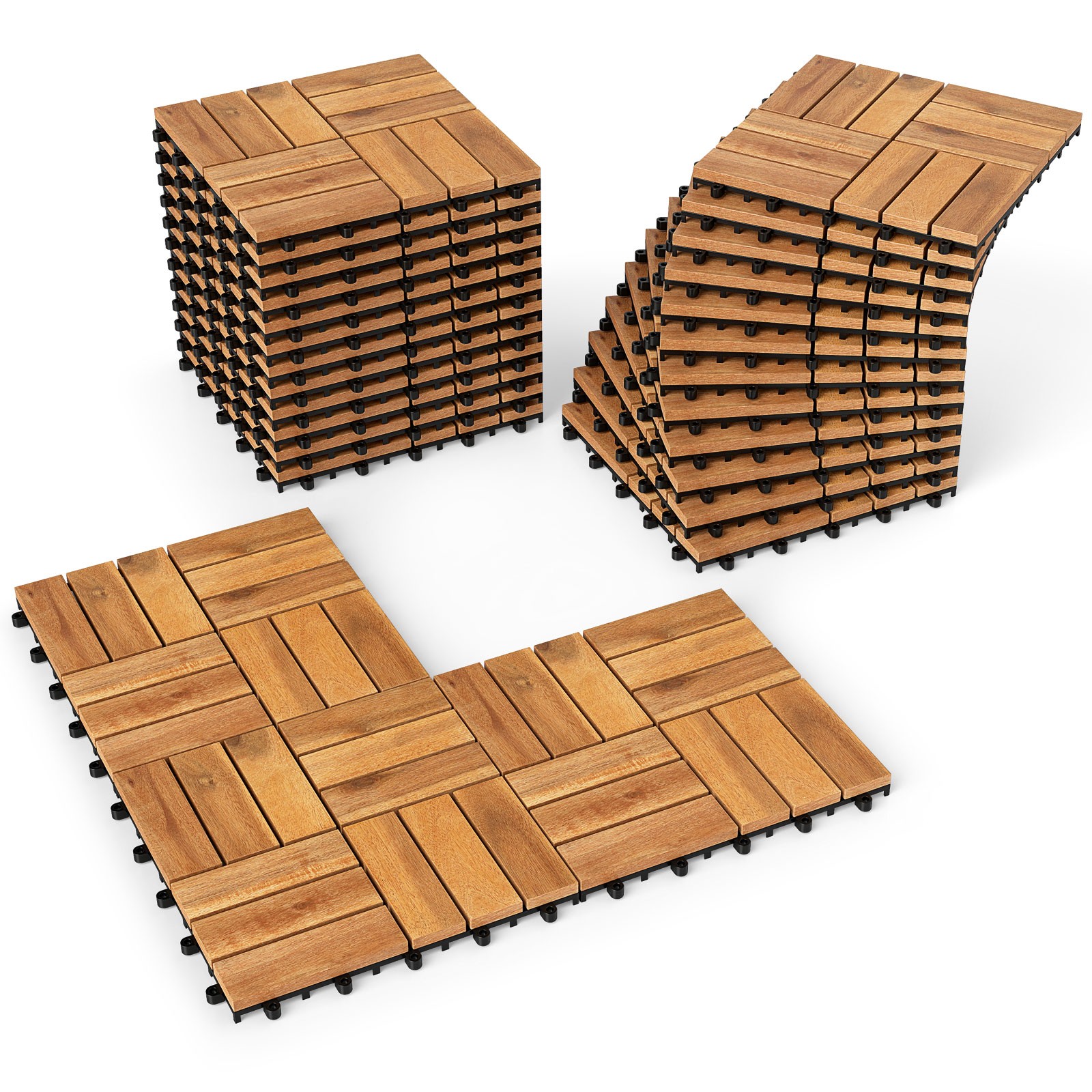 12″ x 12″ Acacia Wood Interlocking Deck Tiles 27 PCS Waterproof Flooring Tiles