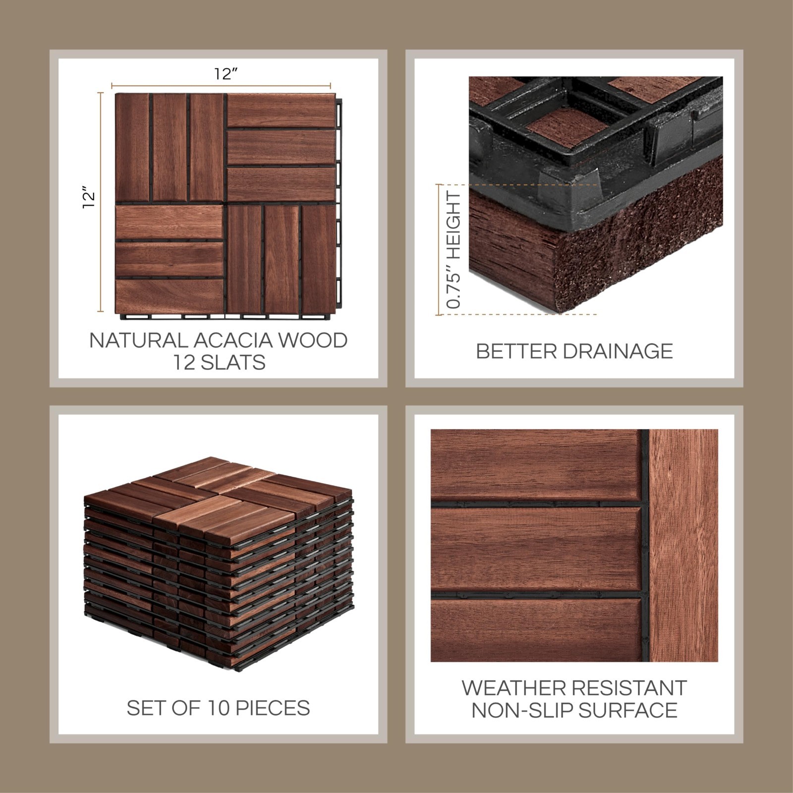 Interlocking Deck Tiles – 10 Pcs 12″x12″ Waterproof Acacia Wood for Patio, Balco