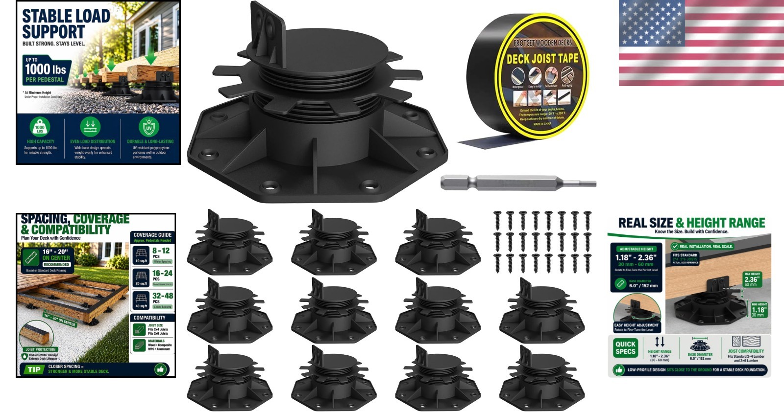 Durable 12-Pack Deck Support Pedestals for 2×4 & 2×6 Joists – Easy Installation