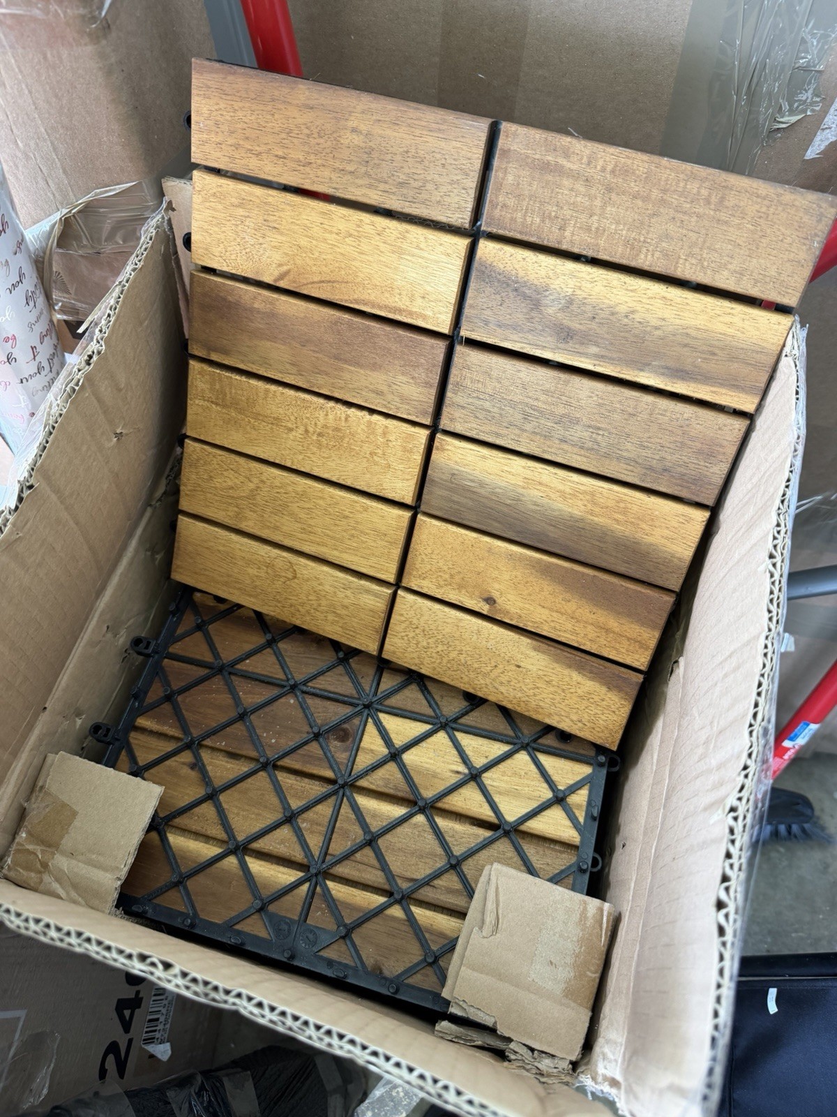 Acacia Wood Interlocking Deck Tile 12×12 Brown Plastic Base Parquet