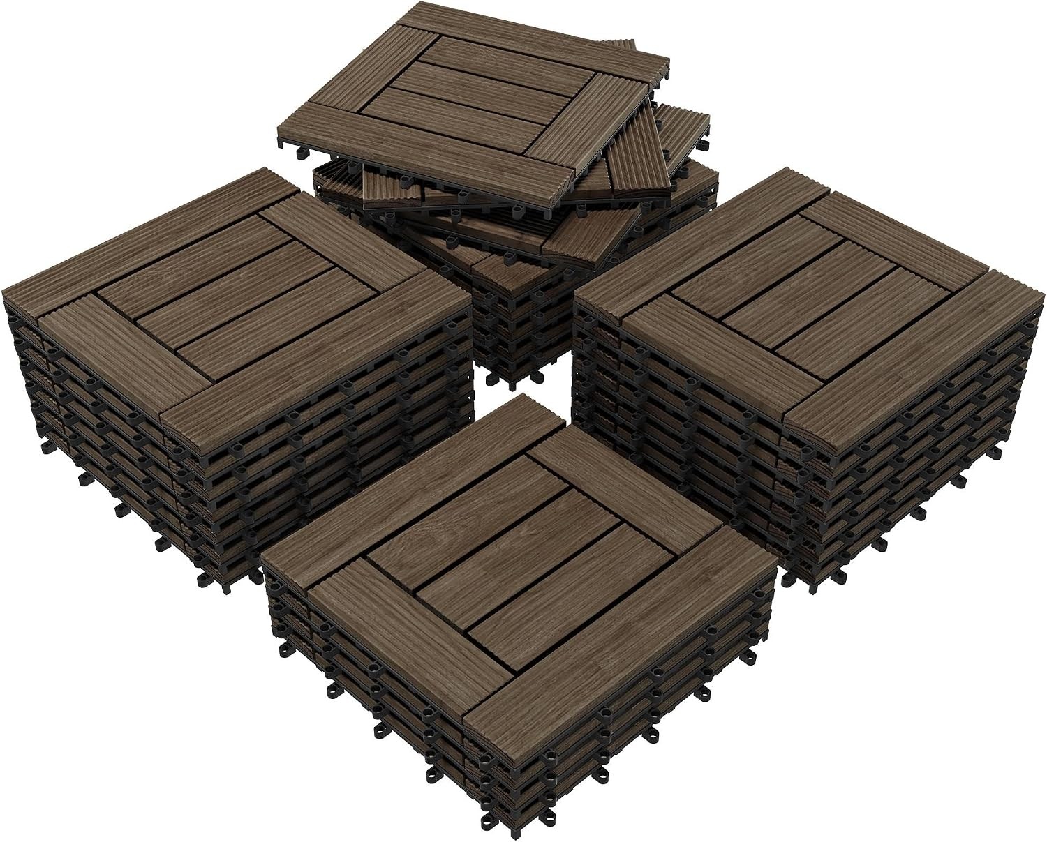 27PCS Natural Wood Deck Tiles Interlocking Patio Deck Tiles Solid Wood & Plastic