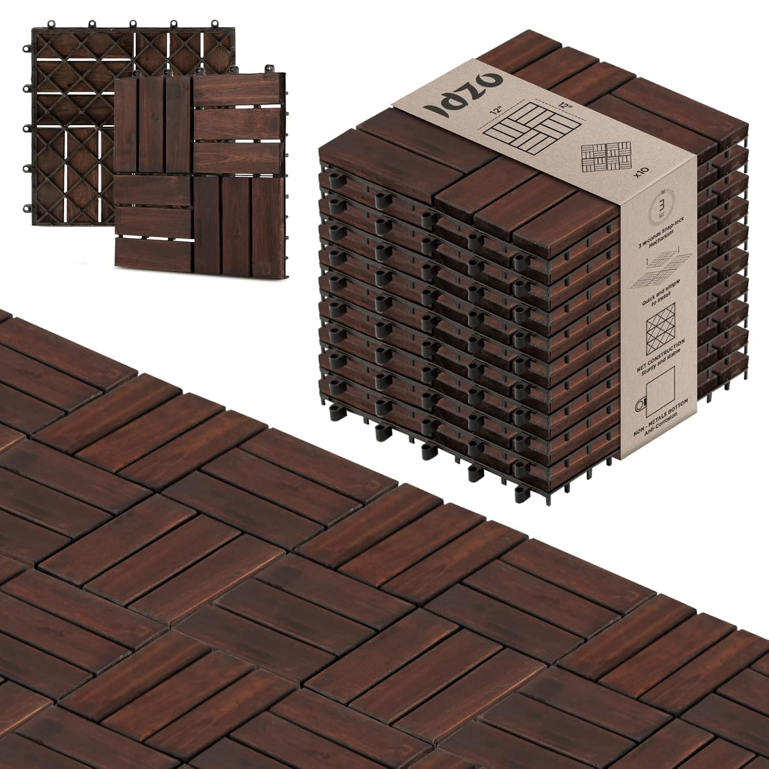 Interlocking Deck Tiles – 10PCS Waterproof Acacia Wood Patio Tiles, Flooring Til