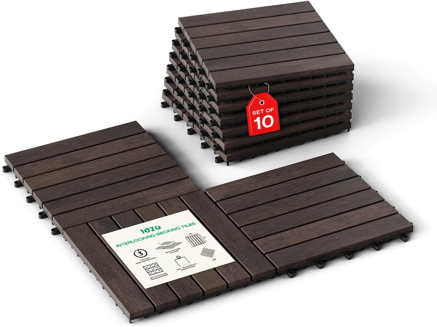 Interlocking Deck Tiles – 10PCS Waterproof Acacia Wood Patio Tiles, Flooring Til