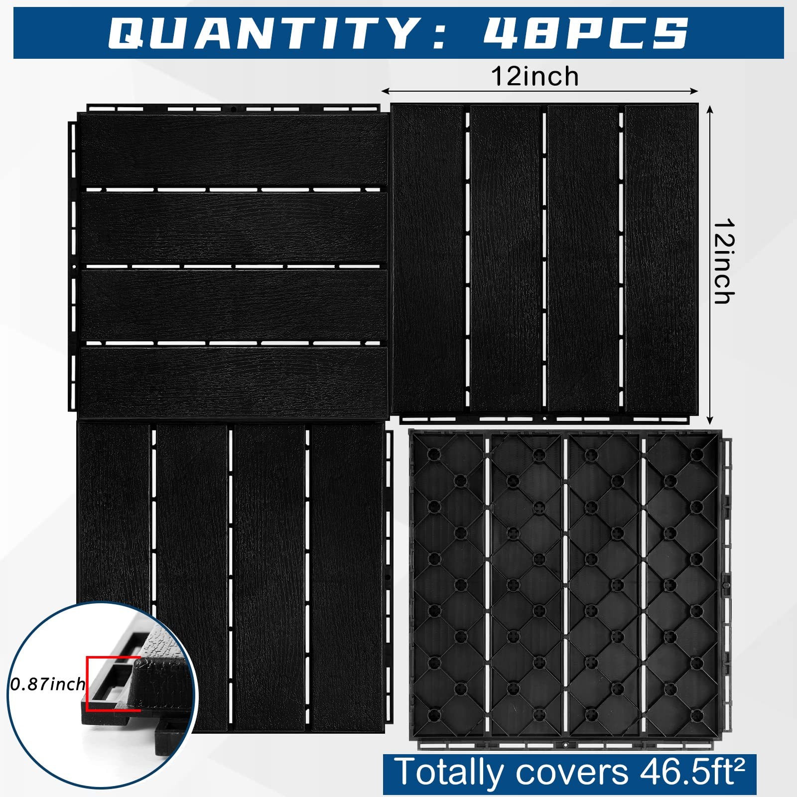 48 Pcs Plastic Interlocking Deck Tiles 12 x 12 Inch Patio Deck Tiles Waterpro…