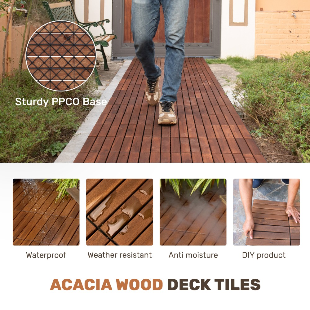 10 PCS Interlocking Deck Tiles Striped Pattern, 12″ x 12″ Square Acacia Hardwood