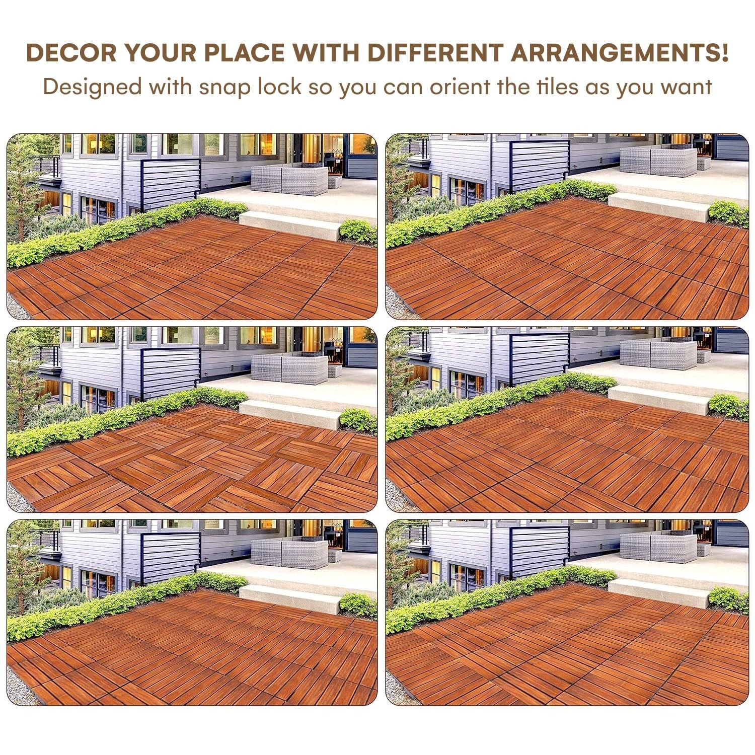 Acacia Wood Patio Flooring Interlocking Tiles Pack of 10, 12″ x 12″, All Weather