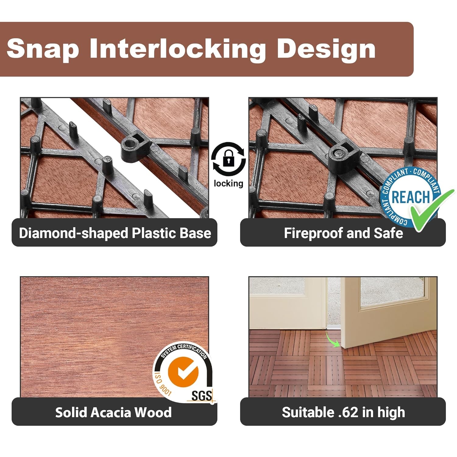 27 PCS Solid Acacia Wood Interlocking Deck Tiles 12″ x 12″ Waterproof Indoor
