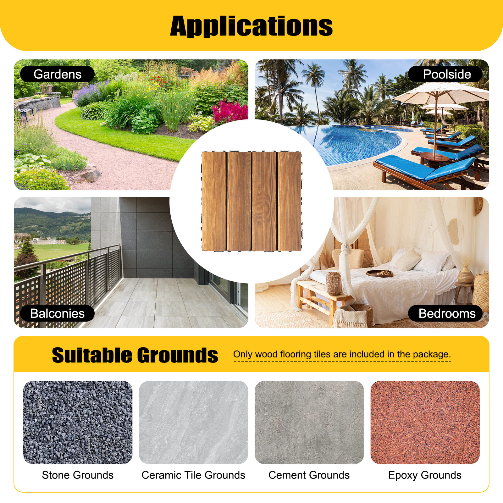 Hardwood Interlocking Patio Deck Tiles Wood Flooring DIY Outdoor 12”x12” 36Pcs