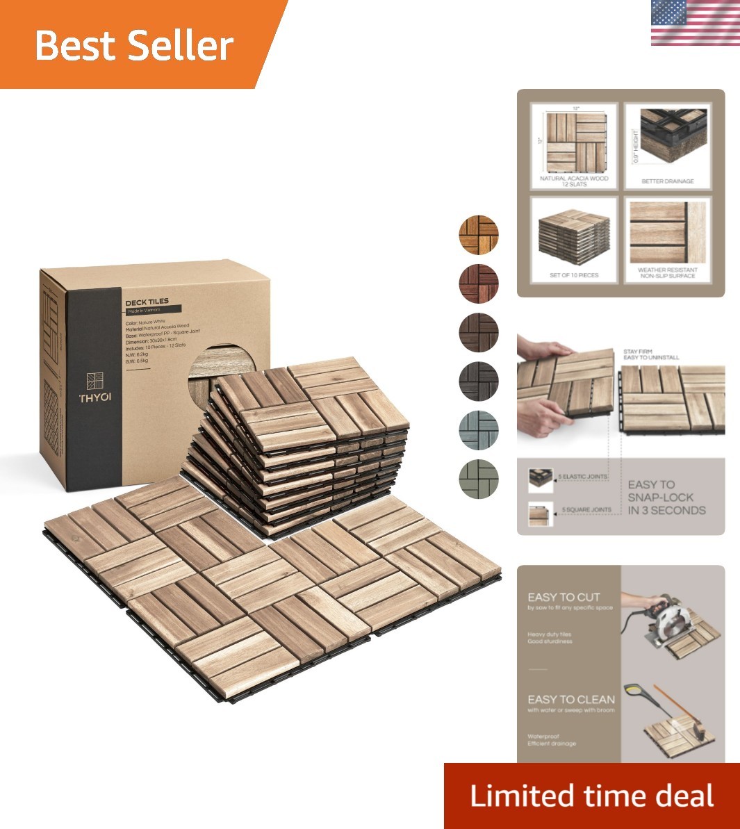 10 Pcs Deck Tiles, Patio Flooring – Outdoor Waterproof Acacia Wood Tiles for…