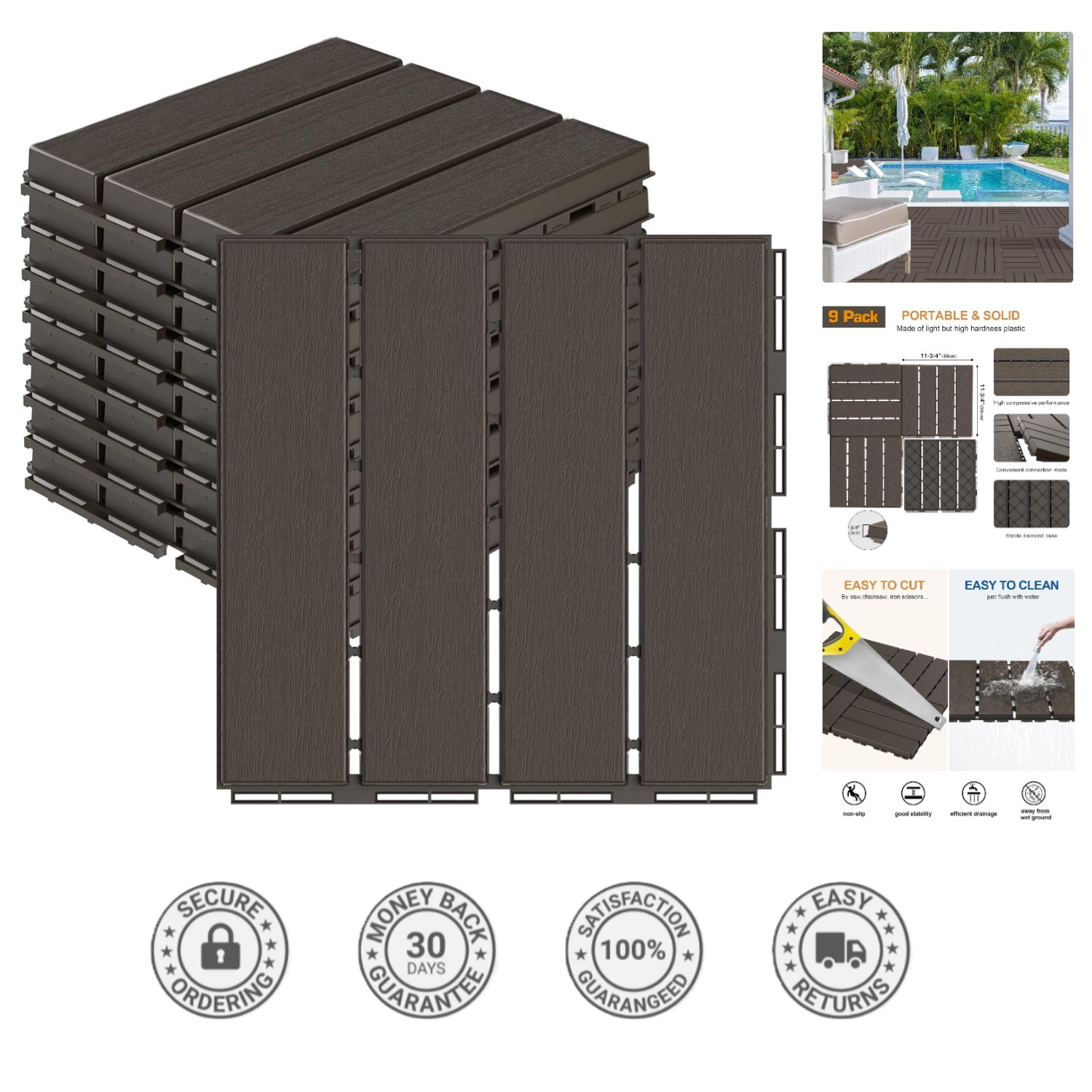 9 Pack Interlocking Patio Tiles, 12×12 Dark Coffee – Easy Install, Waterproof