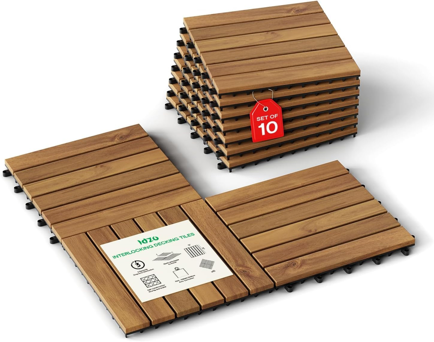 Waterproof Acacia Wood Interlocking Deck Tiles – 10PCS, 9.6 SQFT, Golden