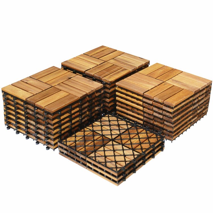 27Pcs Patio Deck Tiles 12″x12″ Interlocking Acacia Wood Decking Floor Tile Décor