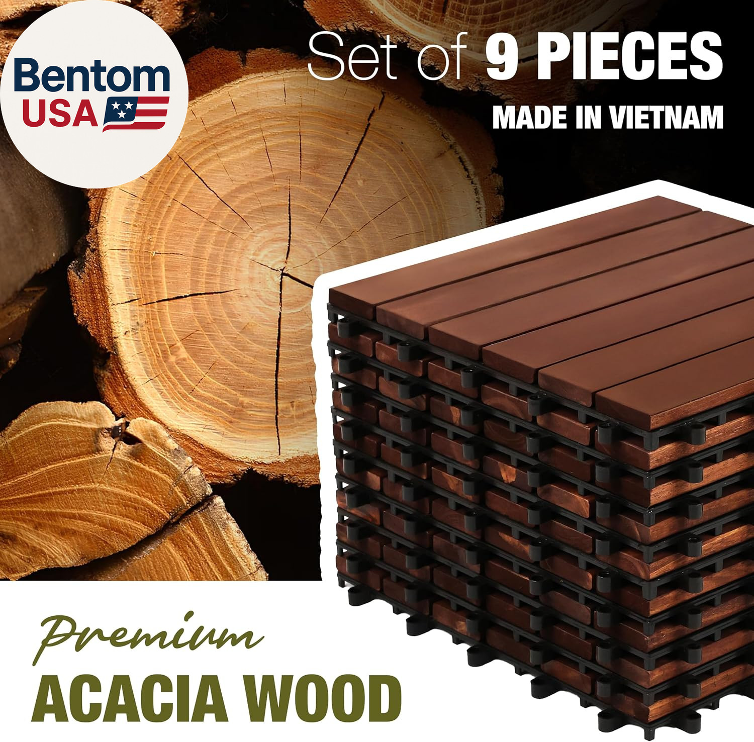 Premium Acacia Wood Interlocking Deck Tiles, 12″X12″X0.9″ Outdoor Patio Flooring