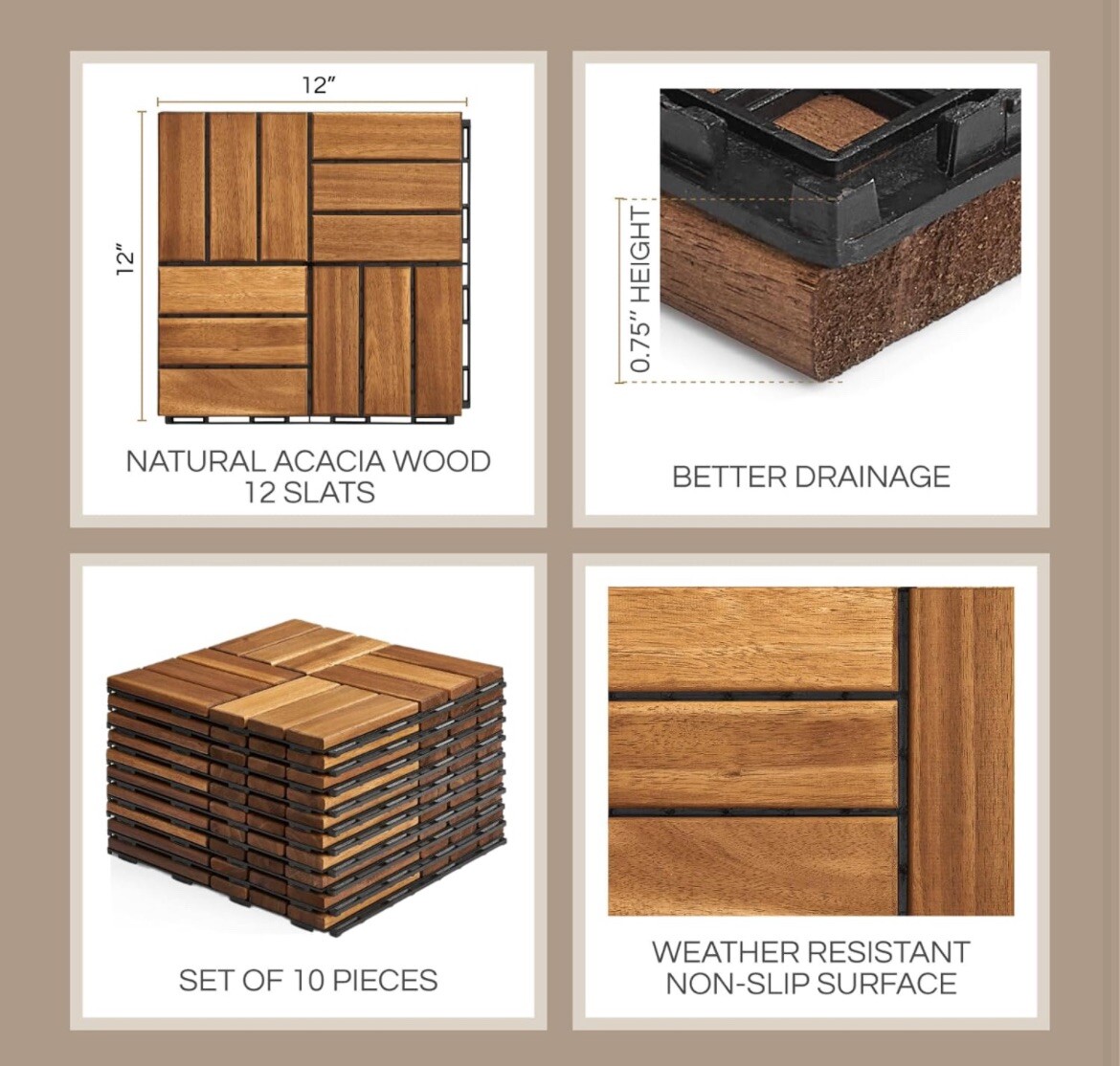12”x12” Interlocking Deck Tiles 10pcs Patio Wood Deck Tiles for Indoor&Outdoor