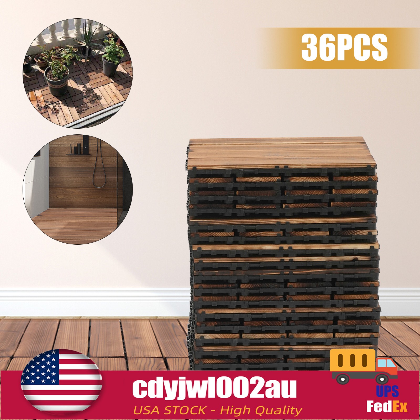 Hardwood Interlocking Patio Deck Tiles Wood Flooring DIY Outdoor 12”x12” 36Pcs