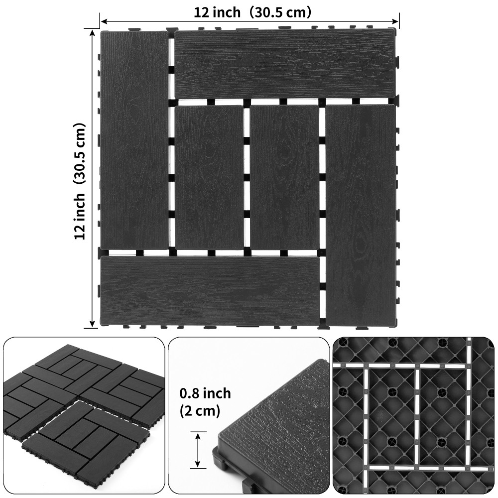 12″ Interlocking PP Deck Tiles Dark Grey 44pcs DIY Modular Floor Tiles