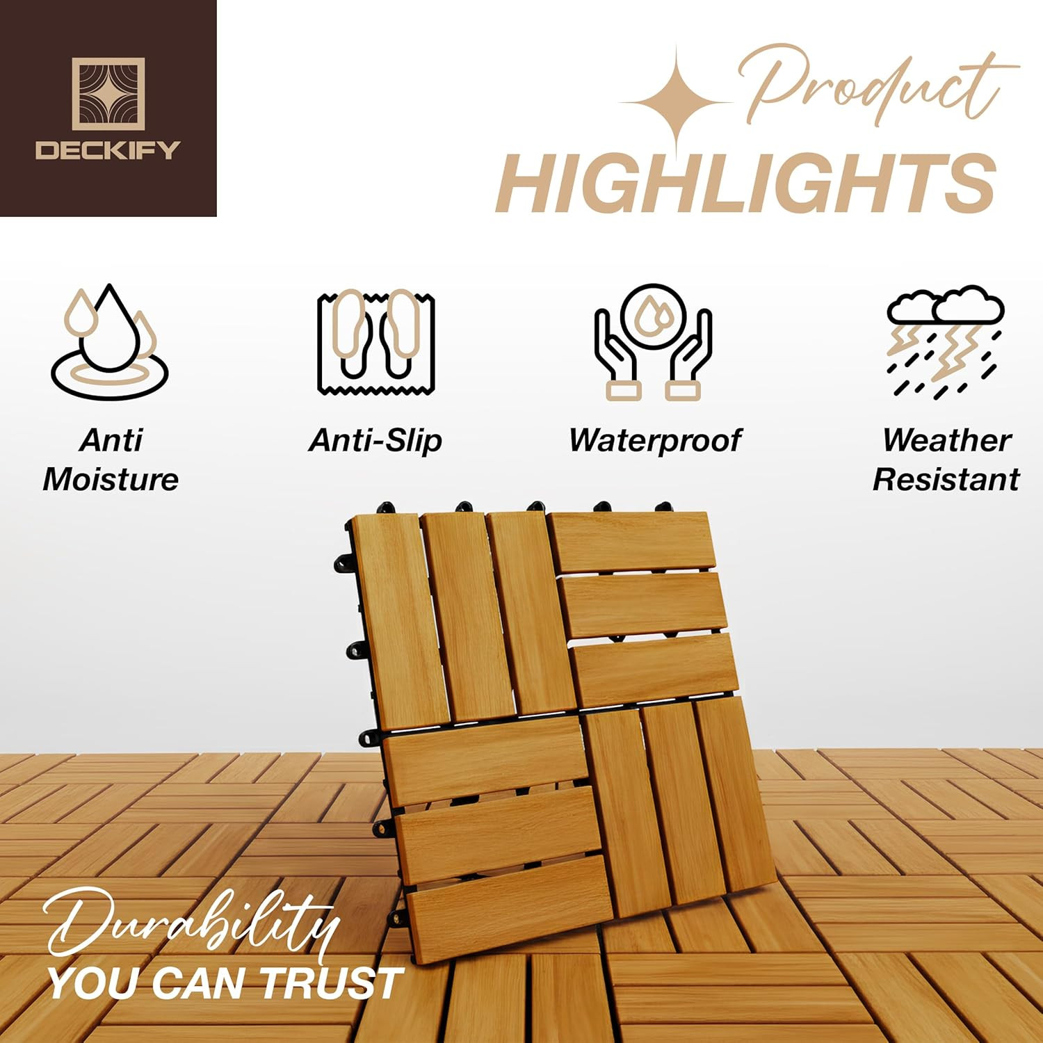 9Pcs Premium Acacia Wood Interlocking Patio Deck Tiles, 12 X 12 X 0.9 Inch Outdo