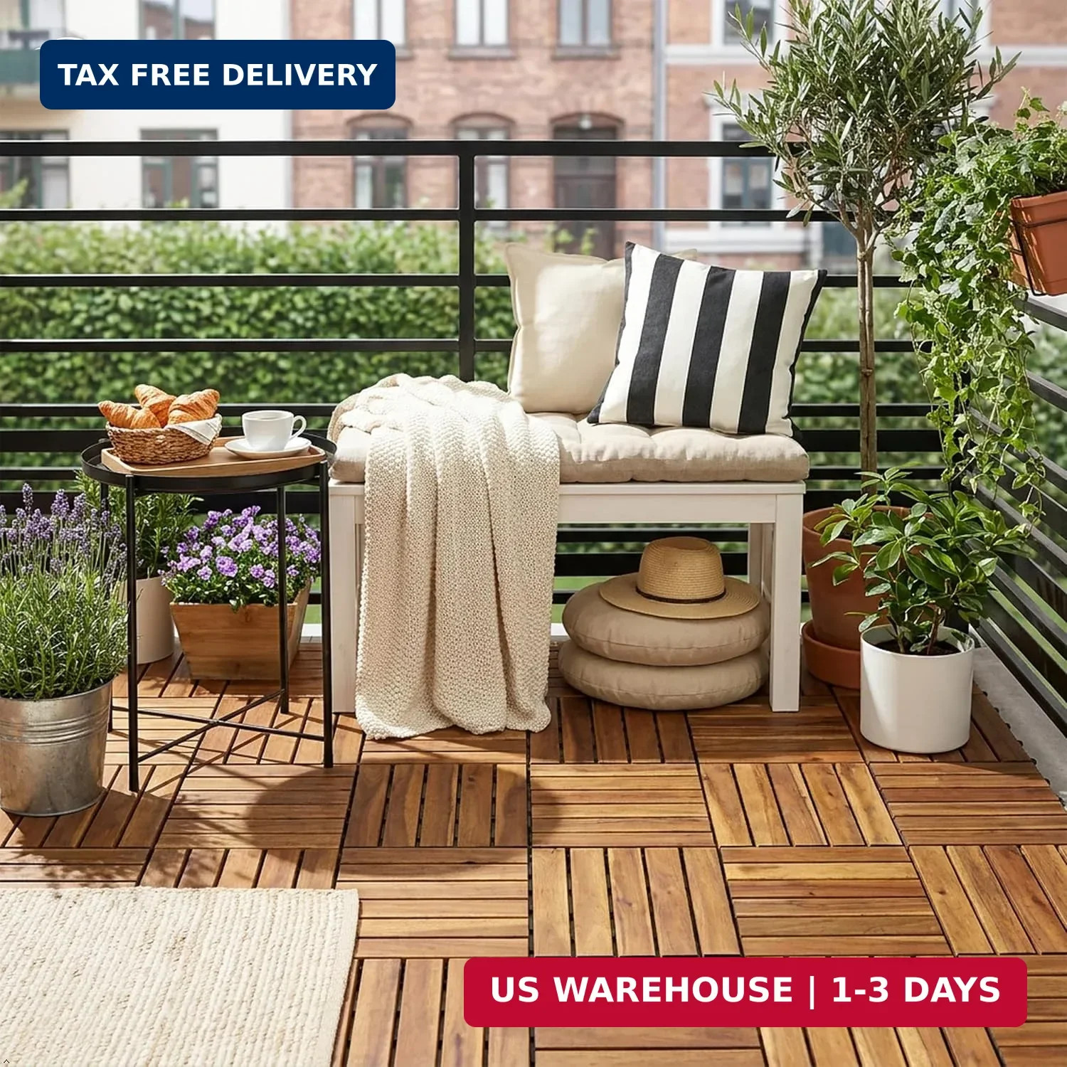 Natural Acacia 12×12 Interlocking Wood Deck Tiles for Balcony, Gar