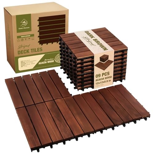 Premium Acacia Wood Interlocking Deck Tiles, 12″x12″x0.9″ Dark Brown – Striped