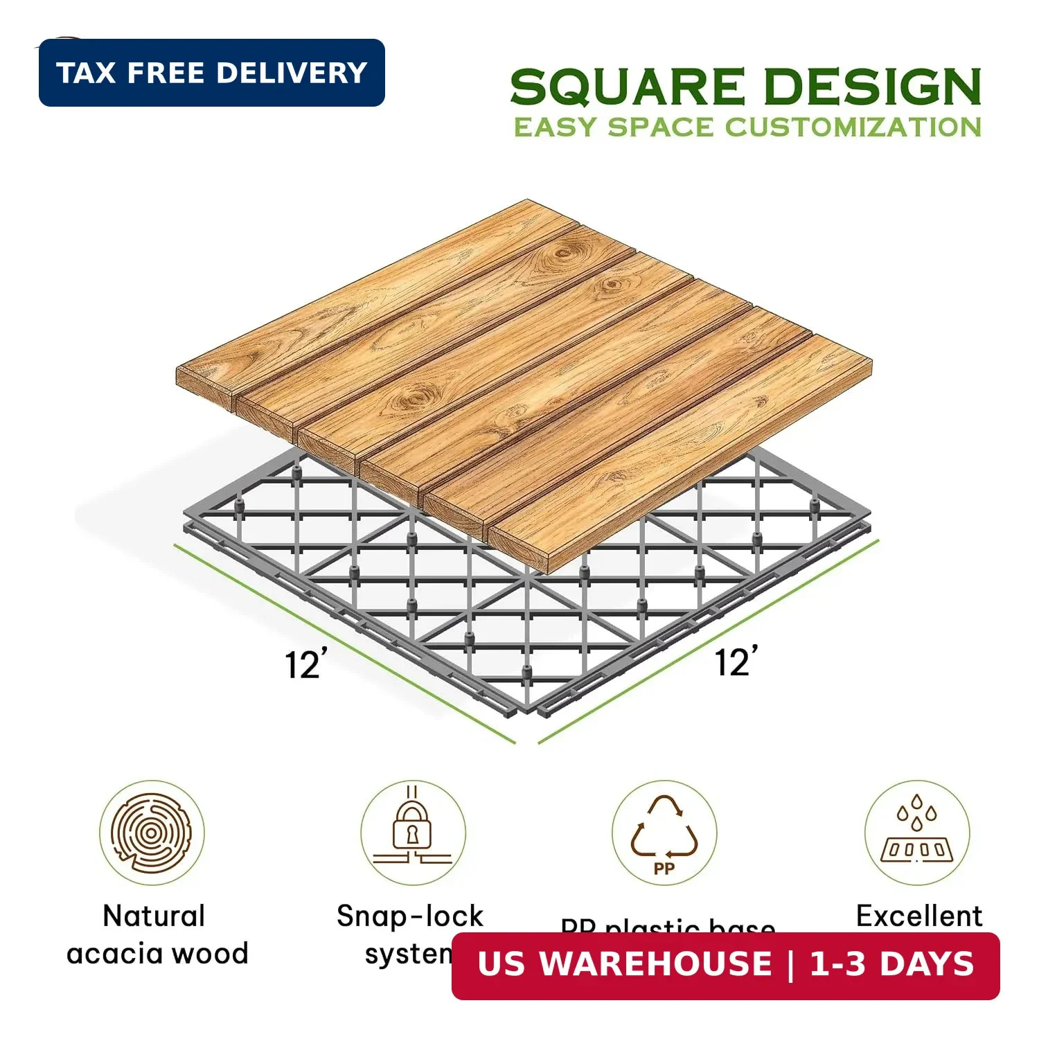Natural Acacia 12×12 Interlocking Wood Deck Tiles for Balcony, Garden, Patio, Po