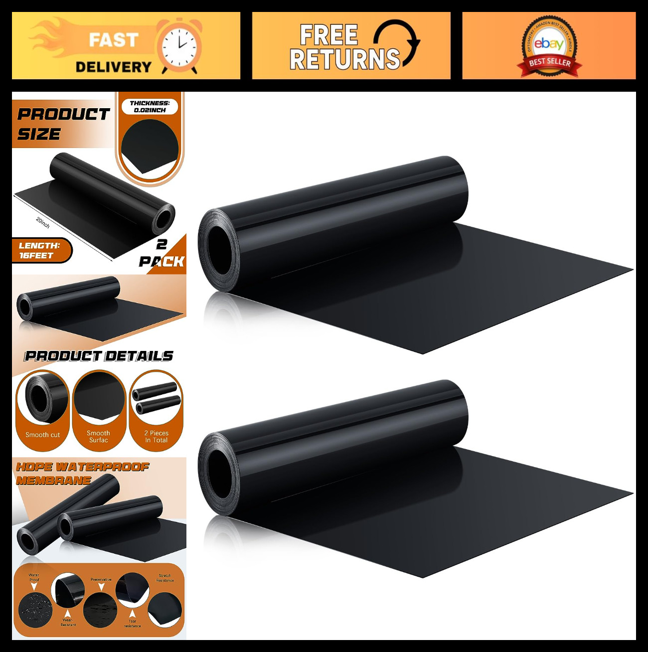 16ft x 20in Black Under Deck Drainage System – Waterproof HDPE Membrane Troughs