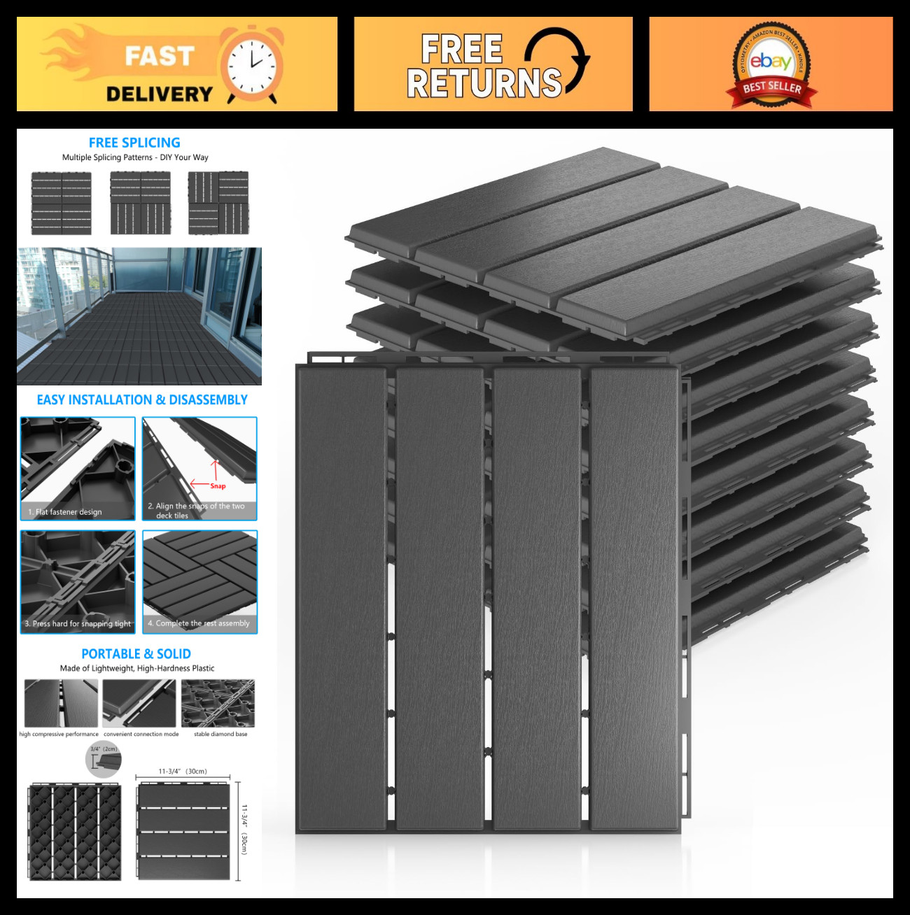 Interlocking Deck Tiles 9 Pack – 12″x12″ Waterproof Anti-Slip Flooring for Patio