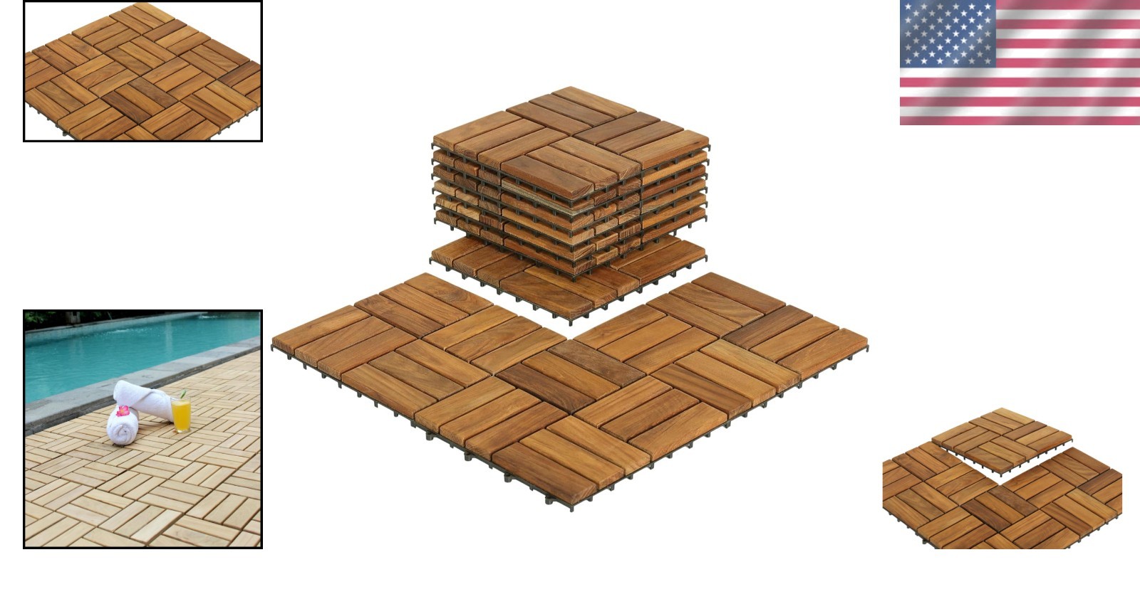 Solid Teak Interlocking Flooring Pack of 10 – 12″x12″, Indoor/Outdoor