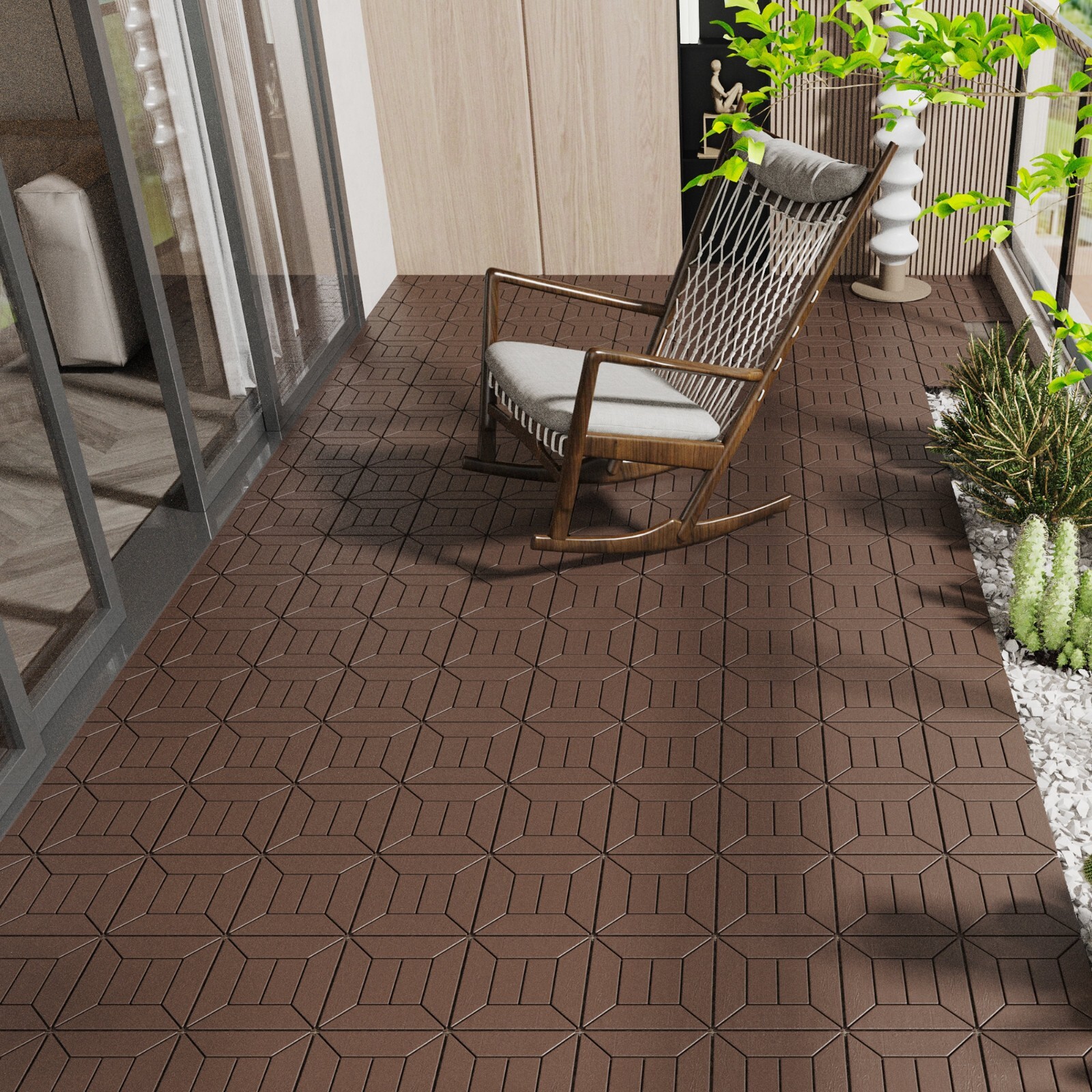 12″ Patio Deck Tiles, DIY Module Interlocking Tiles Floor Tile, 44pcs, Red Brown