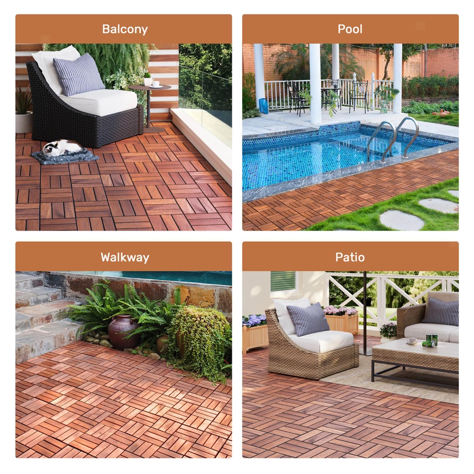 Acacia Wood Interlocking Deck Tiles Checker Pattern, 30 PCS 12″ x 12″ Square